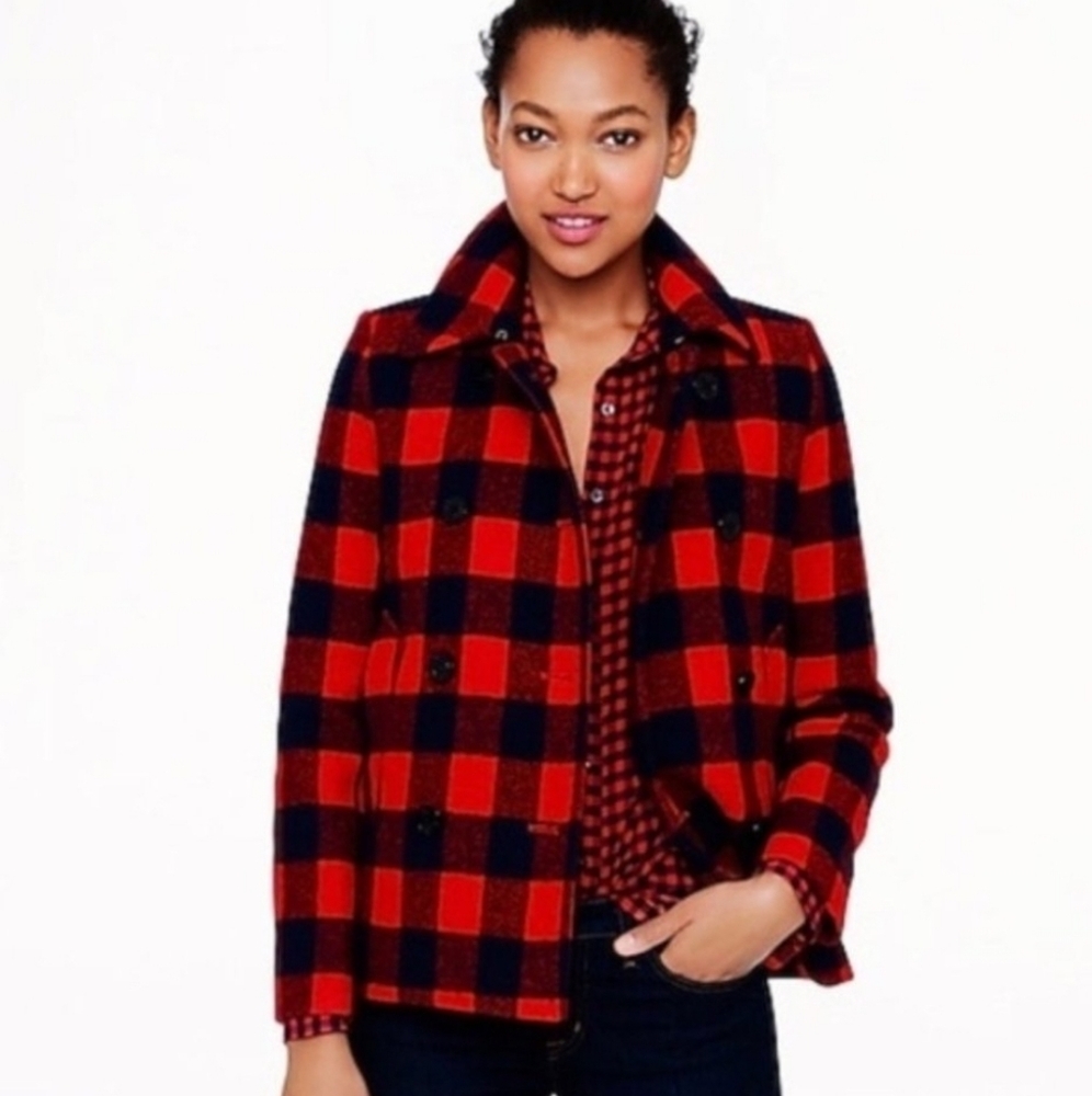 J. Crew Red Navy Blue Buffalo Plaid Wool Coat Jacket Women's Size 2 - Picture 3 of 11